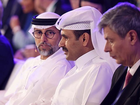 UAE's Minister of Energy and Industry Suhail al-Mazrouei (L) and Minister of State for Energy Affairs Saad Sherida Al-Kaabi (C), attend the opening session of the Atlantic Council Global Energy Forum.