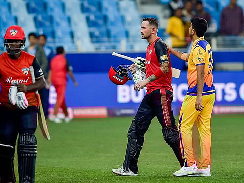 Alex Hales of Desert Vipers leaves the ground after scoring 83(not out)against Sharjah Warriors during DP World ILT20 2023 at Dubai International Cricket Stadium in Dubai. 