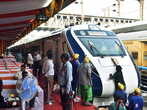 A view of the Vande Bharat Express connecting Secunderabad to Vishakapatnam ahead of its flagging off by Prime Minister Narendra Modi, at Secunderabad Railway Station, in Hyderabad on Sunday, Jan 15, 2023.