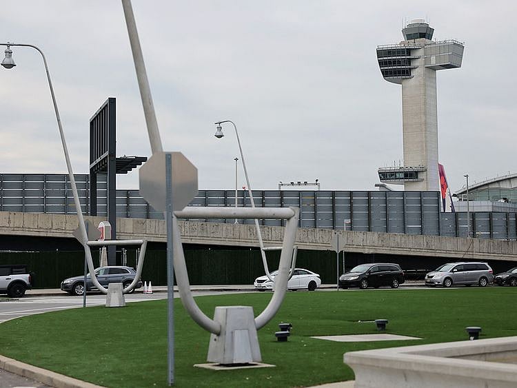 An air traffic control tower is seen at JFK airport in New York City.  