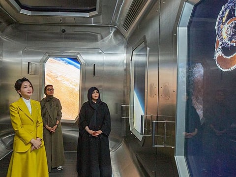 Sheikha Latifa bint Mohammed bin Rashid Al Maktoum (right), Chairperson of Dubai Culture and Arts Authority (Dubai Culture) and member of the Dubai Council, with First Lady Kim Keon Hee (left), wife of Yoon Suk Yeol, President of the Republic of Korea