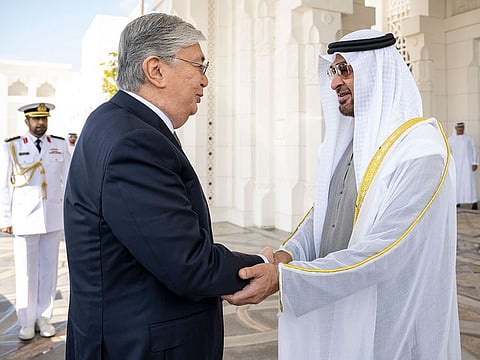 President His Highness Sheikh Mohamed bin Zayed Al Nahyan (right) with President Kassym-Jomart Tokayev of Kazakhstan