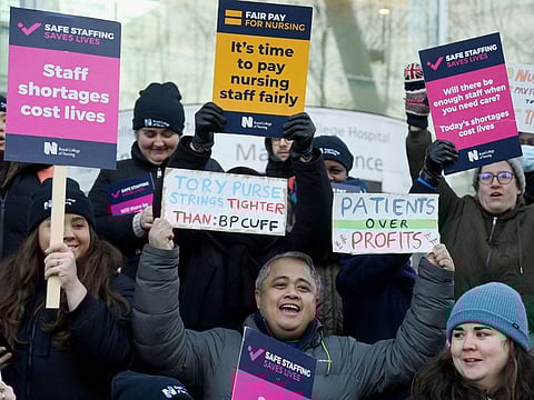 NHS nurses during a strike, amid a dispute with the government over pay, in London, Britain, on January 18, 2023. Prime Minister Rishi Sunak has proposed crackdown on disruptive protests. 