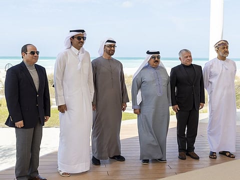President His Highness Sheikh Mohamed bin Zayed Al Nahyan  with Sayyid Haitham Bin Tariq Al Said, Sultan of Oman, King Abdullah II, King of Jordan, King Hamad bin Isa Al Khalifa, King of Bahrain, Sheikh Tamim bin Hamad Al Thani, Emir of Qatar and Abdel Fattah El Sisi, President of Egypt, stand for a photograph, after the fraternal consultative meeting, at St Regis Saadiyat.