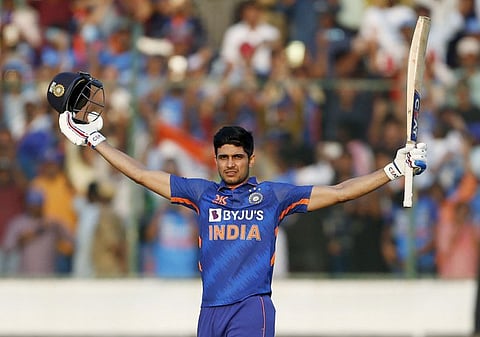 India's Shubhman Gill celebrates after completing his double century during the first ODI against New Zealandon Wednesday.