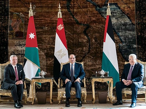 Al Sissi (centre) during his meeting with King Abdullah II (left) and Palestinian President Mahmoud Abbas in the Egyptian capital Cairo, on January 17, 2023.  