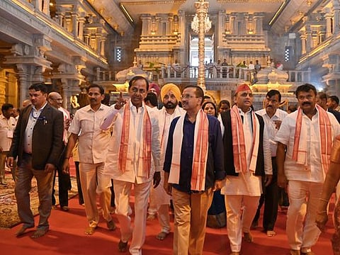 Telangana Chief Minister K Chandrashekar Rao with Punjab Chief Minister Bhagwant Mann, Delhi Chief Minister Arvind Kejriwal and Samajwadi Party (SP) chief Akhilesh Yadav visit Sri Lakshmi Narasimha Swamy Temple to offer prayers, in Yadadri Bhuvanagiri on Wednesday, January 18, 2023.