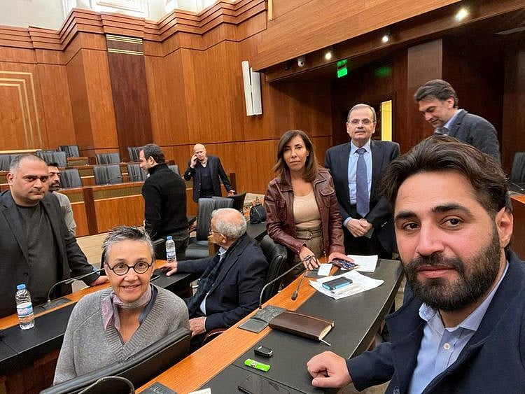 Lebanese lawmaker Firas Hamdan with lawmakers Najat Saliba, Halime Al Kaakour and others during a sit-in at the Lebanese parliament to pile pressure on dominant factions to elect a new president, in Beirut, Lebanon January 20, 2023.  