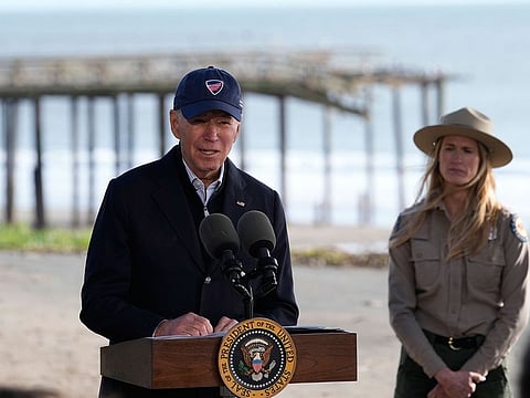 President Joe Biden speaks at Seacliff State Park in Aptos, California.