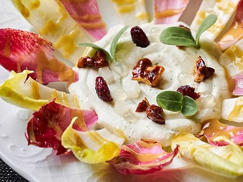 Delicious Endives and Fourme d’Ambert salad with blue cheese and pear coulis