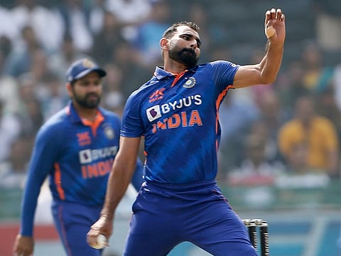 India's Mohammed Shami in action during the 2nd ODI match against New Zealand at Shaheed Veer Narayan Singh International Stadium, in Raipur on Saturday. 