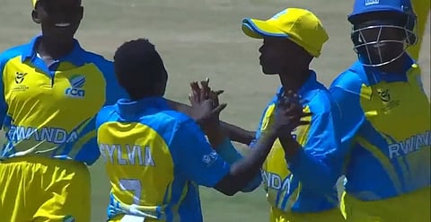 Rwanda players celebrate a West Indies wicket during the Super Six match of the ICC Under-19 Women's Twenty20 championship. 