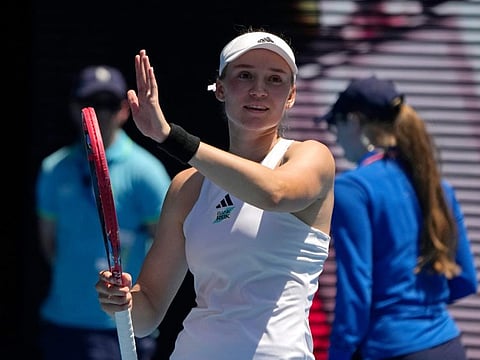 Elena Rybakina of Kazakhstan celebrates after defeating Iga Swiatek of Poland during their fourth round match in Melbourne on Sunday.