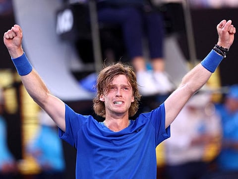 Russia's Andrey Rublev celebrates winning his fourth round match against Denmark's Holger at Melbourne Park, Melbourne, Australia.