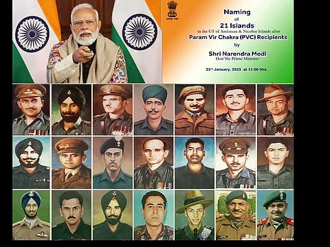 A combination of pictures showing Prime Minister Narendra Modi naming the 21 largest unnamed islands of Andaman and Nicobar after 21 Param Vir Chakra awardees, via video conferencing, in New Delhi on Monday, January 23, 2023. 