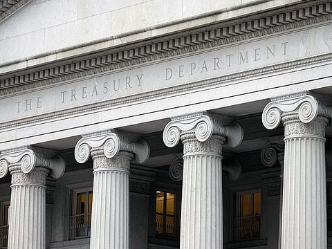 The US Treasury Department building is seen in Washington, DC.