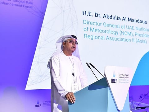 Dr Abdulla Al Mandous, the director-general of the National Center of Meteorology, addressing the International Rain Enhancement Forum in Abu Dhabi on Tuesday