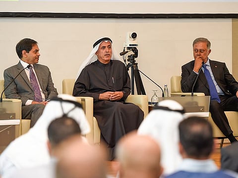 Indian Ambassador Sunjay Sudhir, Essa Abdulla Al Ghurair, Chairman, Essa Al Ghurair Investment, and Yogesh Mehta, CEO, Petrochem Middle East at the India-UAE Partnership Summit at Dubai Chambers.