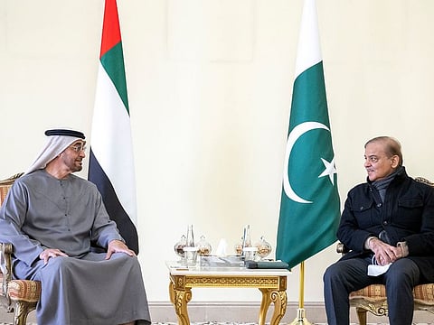 His Highness Sheikh Mohamed bin Zayed Al Nahyan, President of the UAE with Pakistani Prime Minister Shehbaz Sharif. 