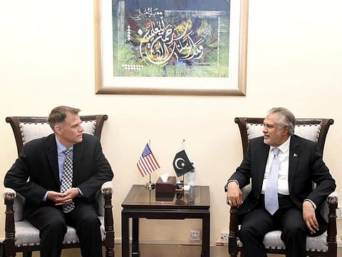 Pakistan’s Finance Minister Ishaq Dar during his talks with US Treasury Department Deputy Assistant Secretary for Asia Robert Kaproth in Islamabad.  