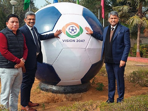 From left: Kipa Ajay, Treasurer, All India Football Federation, Dr Shaji Prabhakaran, Secretary General, and Kalyan Chaubey, President