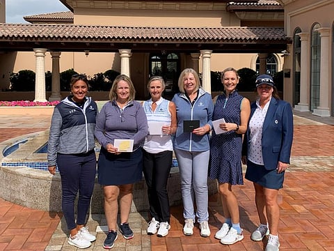 Winners of the recent Park Hyatt Dubai Ladies Pairs Better-Ball event at Jumeirah Golf Estates with JGE Ladies Captain Evelyn Downham (right)