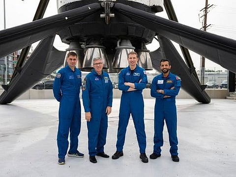 The SpaceX Dragon spacecraft, named Endeavour, atop a Falcon 9 rocket, will carry Sultan AlNeyadi (extreme right), along with two NASA astronauts – mission commander Stephen Bowen and Pilot Warren Hoburg – and Roscosmos cosmonaut Andrey Fedyaev to the ISS.