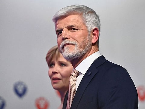 Presidential candidate Petr Pavel, former Chief of the General Staff of the Czech Army, and his wife Eva - also a soldier - arrive for a press conference in Prague, Czech Republic on January 28, 2023, after Pavel became the fourth president of the Czech Republic according to official results