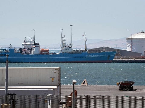 A general view of the Russian polar explorer ship Akademik Aleksandr Karpinskiy that is docked in Cape Town Harbour, in Cape Town, on January 29, 2023.
