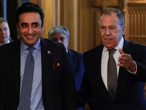 Russia's Foreign Minister Sergei Lavrov shows the way to Pakistan's Foreign Minister Bilawal Bhutto Zardari during their meeting in Moscow, Russia, January 30, 2023.