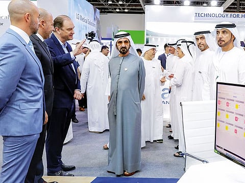 His Highness Sheikh Mohammed bin Rashid Al Maktoum, Vice-President and Prime Minister of the UAE and Ruler of Dubai, tours the Arab Health exhibition in Dubai on Monday.