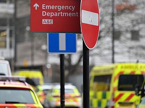 Ambulances are seen queued outside the Royal London hospital in east London.