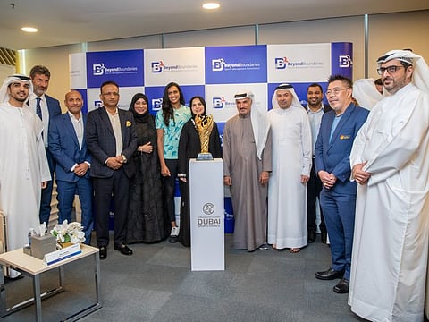 Saeed Hareb, Jassim Kenso, Vice-President, IBF, Noura Al Jasmi, President, Emirates Badminton Federation, Moosa Nashed, Secretary General, Asian Badminton Federation, PV Sindhu, Dr Sathya Menon with other officials during the unveiling of the Asian Badminton Mixed Team Championship trophy at Dubai Sports Council on Tuesday.