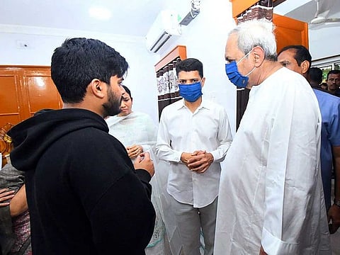 Odisha Chief Minister Naveen Patnaik pays condolences to the family members of state Health Minister Naba Kishore Das, at his official residence, in Bhubaneswar on Monday, January 30, 2023. 