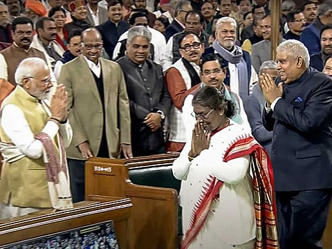 President Droupadi Murmu greets Prime Minister Narendra Modi as she leaves after addressing the joint sitting of Lok Sabha and Rajya Sabha in Parliament on the first day of the Budget Session 2023, in New Delhi on Tuesday, January 31, 2023. Also seen is Vice-President Jagdeep Dhankhar. 