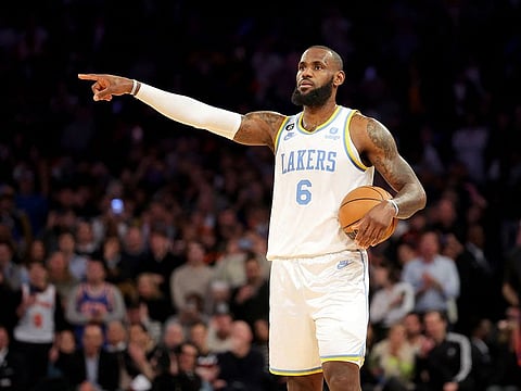 Los Angeles Lakers forward LeBron James (6) controls the ball against the New York Knicks during the fourth quarter at Madison Square Garden.