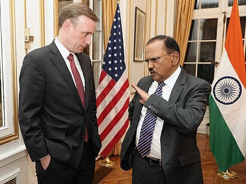 NSA Ajit Doval interacts with White House National Security Advisor to US President Jake Sullivan during the reception, at India House, in Washington on Tuesday, January 31, 2023. 