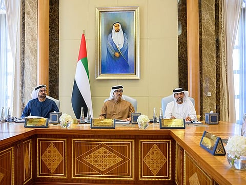 Sheikh Mansour bin Zayed Al Nahyan, Deputy Prime Minister and Minister of the Presidential Court, (second from left) during the Ministerial Development Council meeting, at Qasr Al Watan in Abu Dhabi on Wednesday.,