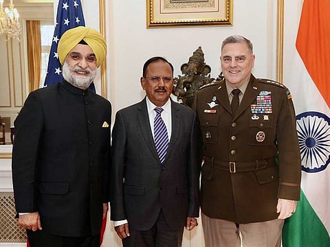 National Security Adviser Ajit Doval with Indian Ambassador of India to the United States Taranjit Singh Sandhu meets General Mark Milley, Chairman of the Joint Chiefs of Staff, in Washington on Tuesday, January 31, 2023. 