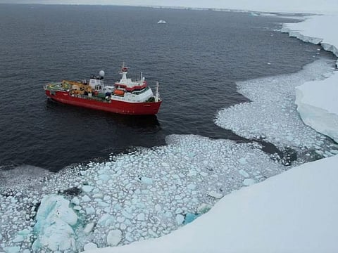 Italian ice breaker vessel Laura Bassi carrying scientists researching in the Antarctic.