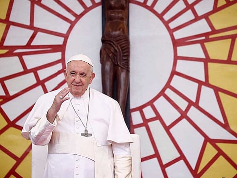 Pope Francis makes an address at the Stade des Martyrs during his apostolic journey, in Kinshasa, Democratic Republic of Congo, February 2, 2023. 