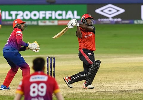 Sherfane Rutherford of Desert Vipers dispatches one for the boundry during his 50 off just 23 ball against Dubai Capitals at Dubai Internaitonal Stadium on Thursday.