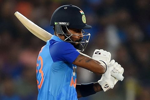 India's Hardik Pandya plays a shot during the third Twenty20 against New Zealand at Narendra Modi stadium in Ahmedabad on Wednesday.