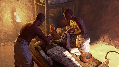 This handout image released by The Ludwig Maximilian University Munich on January 31, 2023, shows an artist's impression of embalming scenes which could have taken place in Saqqara, Egypt.  