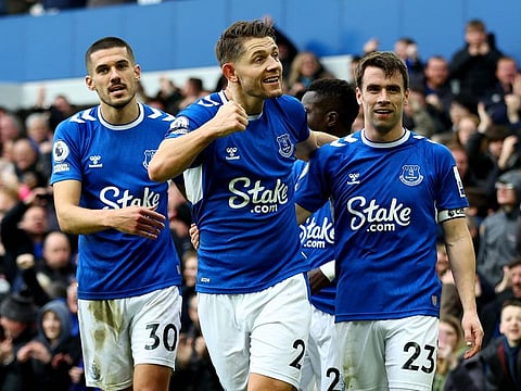 Everton's James Tarkowski celebrates with Conor Coady and Seamus Coleman after scoring against Arsenal in the Premier League clash at Goodison Park.