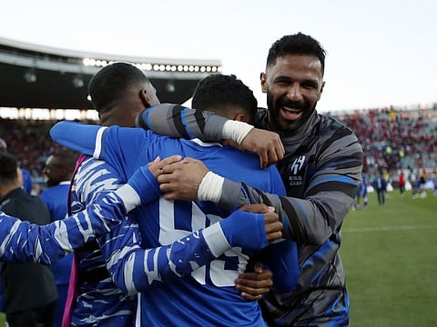 Al Hilal celebrate after winning the penalty shootout against Wydad Casablanca at the Prince Moulay Abdellah Stadium, Rabat, Morocco.