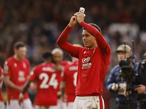 Nottingham Forest's Brennan Johnson celebrates after the match.