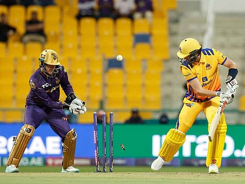 Chris Woakes of Sharjah Warriors is bowled by Sunil Narine of Abu Dhabi Knight Riders during the match 28 of the DP World International League T20 between the Abu Dhabi Knight Riders and the Sharjah Warriors held at the Zayed Cricket Stadium, Abu Dhabi.