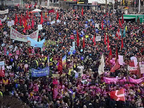 Demonstrators take part in a protest against the government's proposal to abolish a public holiday to help finance the defence budget, in front of the Danish Parliament in Copenhagen, Denmark, February 5, 2023.