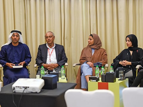 (From left) Ahmed Bin Shabib, Tony Jashanmal, Khawla Bin Khediya and Amna Al Qubaisi during a session on "Portraits from the UAE" at the Emirates Airline Festival of Literature in Dubai on Sunday. 
